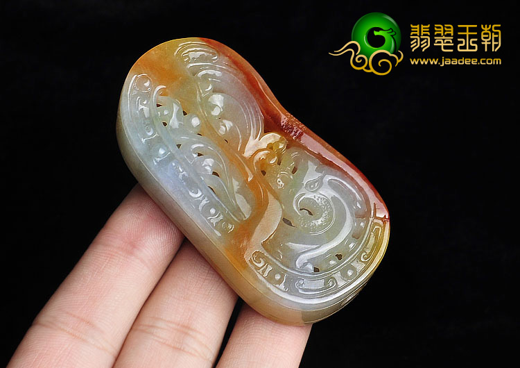 糯冰种红黄翡缅甸翡翠A货仿古龙凤牌挂件