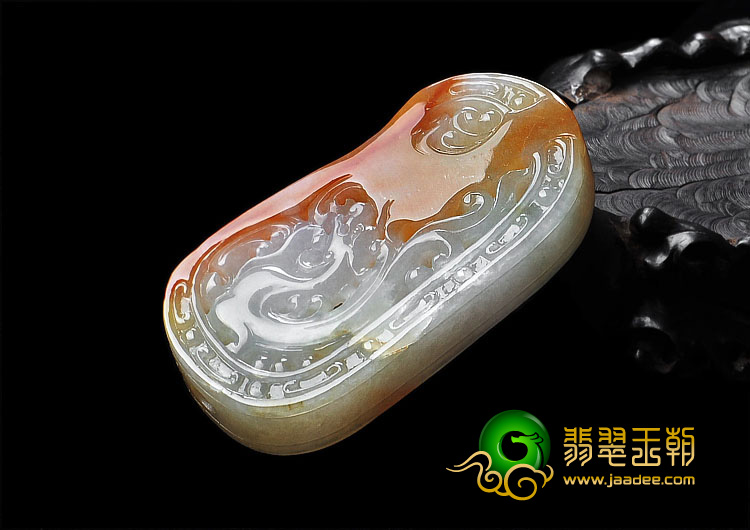 糯冰种红黄翡缅甸翡翠A货仿古龙凤牌挂件