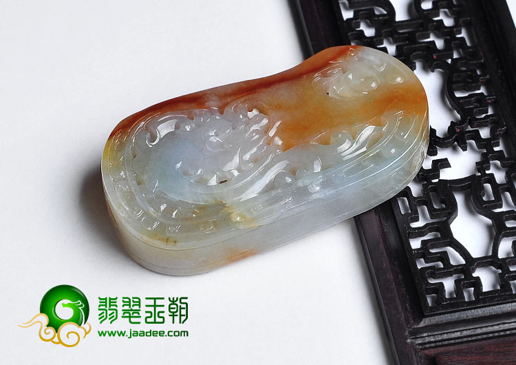 糯冰种红黄翡缅甸翡翠A货仿古龙凤牌挂件