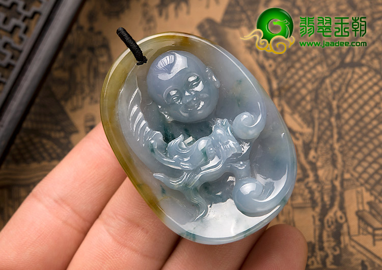 糯冰种三彩缅甸翡翠A货望子成龙挂件