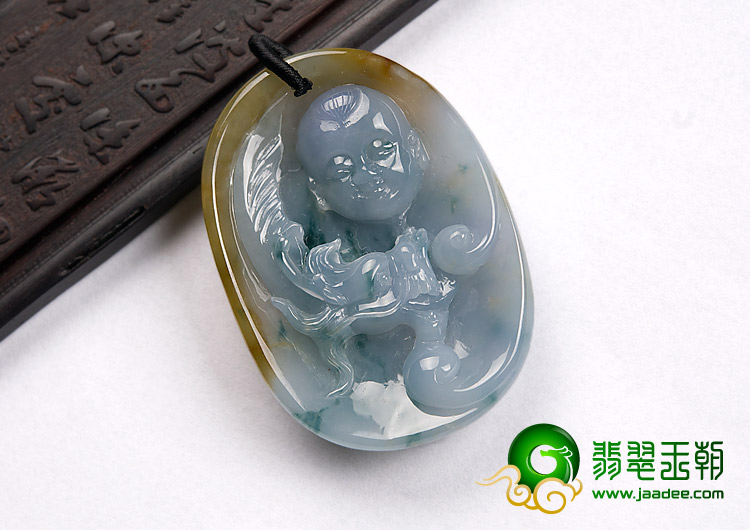 糯冰种三彩缅甸翡翠A货望子成龙挂件