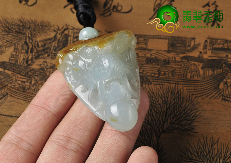 冰种晴水褐黄翡缅甸翡翠A货龙头挂件