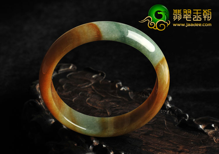 糯冰种褐黄翡飘花缅甸翡翠A货手镯（57.2mm）