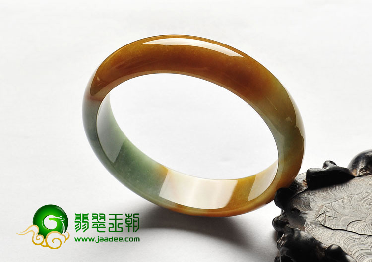 糯冰种褐黄翡飘花缅甸翡翠A货手镯（57.2mm）
