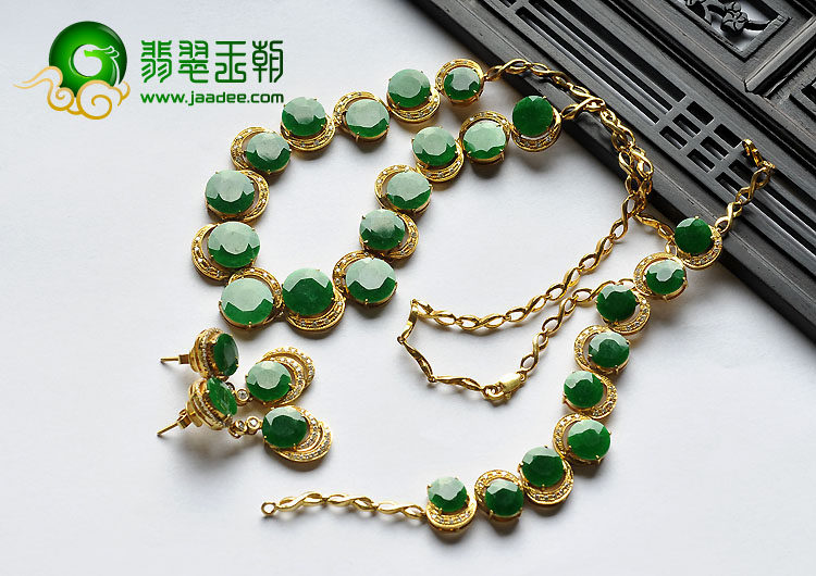 糯冰种阳绿满绿缅甸翡翠A货镶玫瑰金项链.耳坠.手链（一套）（真钻）