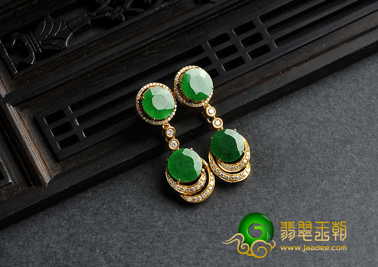 糯冰种阳绿满绿缅甸翡翠A货镶玫瑰金项链.耳坠.手链（一套）（真钻）