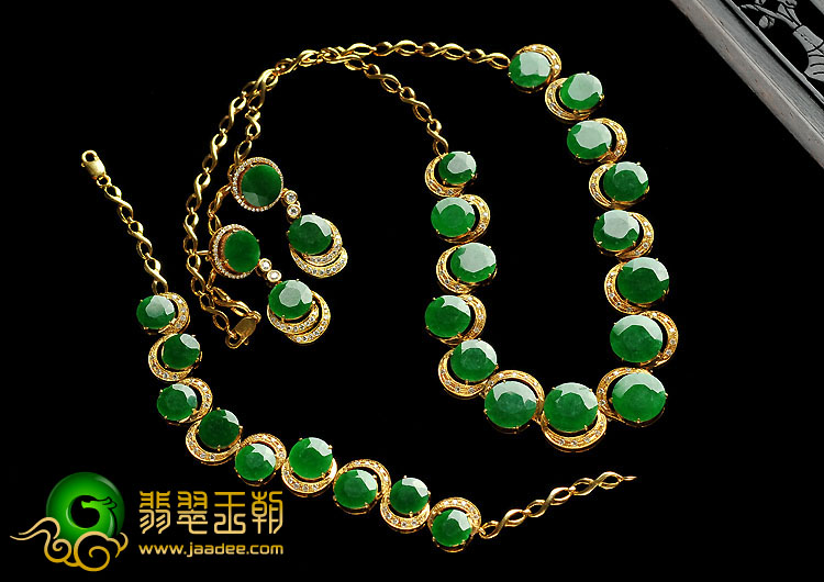 糯冰种阳绿满绿缅甸翡翠A货镶玫瑰金项链.耳坠.手链（一套）（真钻）
