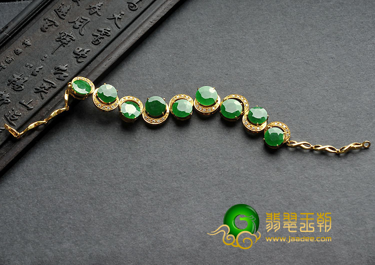 糯冰种阳绿满绿缅甸翡翠A货镶玫瑰金项链.耳坠.手链（一套）（真钻）