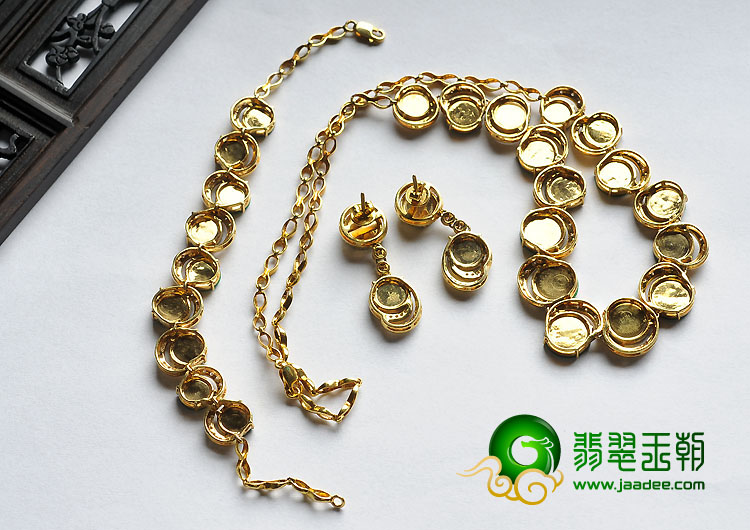 糯冰种阳绿满绿缅甸翡翠A货镶玫瑰金项链.耳坠.手链（一套）（真钻）