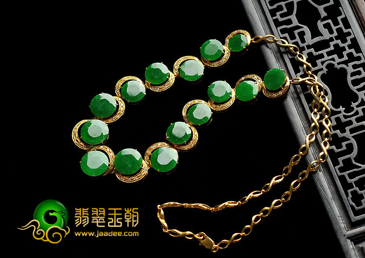 糯冰种阳绿满绿缅甸翡翠A货镶玫瑰金项链.耳坠.手链（一套）（真钻）