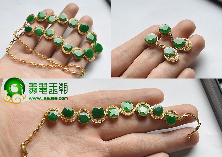 糯冰种阳绿满绿缅甸翡翠A货镶玫瑰金项链.耳坠.手链（一套）（真钻）