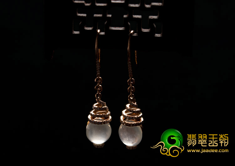 冰玻种缅甸翡翠A货镶玫瑰金耳坠（真钻）