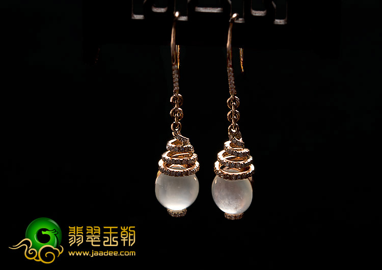 冰玻种缅甸翡翠A货镶玫瑰金耳坠（真钻）