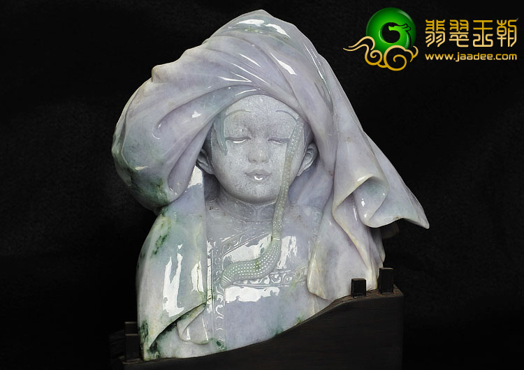 （董春玉大师作品）糯冰种紫罗兰飘花缅甸翡翠A货布依族女孩摆件
