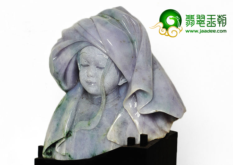 （董春玉大师作品）糯冰种紫罗兰飘花缅甸翡翠A货布依族女孩摆件