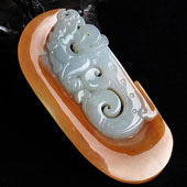 糯冰种红黄翡缅甸翡翠A货仿古龙牌挂件
