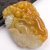 糯冰种黄翡缅甸翡翠A货龙凤呈祥挂件