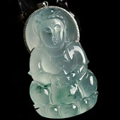 冰玻种飘花缅甸翡翠A货镶白金观音胸坠（真钻）