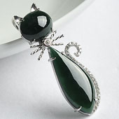 冰种墨翠缅甸翡翠A货镶银小猫胸坠（水钻）