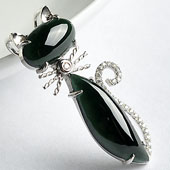 冰种墨翠缅甸翡翠A货镶银小猫胸坠（水钻）