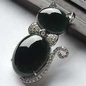 冰种墨翠缅甸翡翠A货镶银小猫胸坠（水钻）