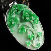 糯冰种阳绿缅甸翡翠A货镶银花开富贵挂件