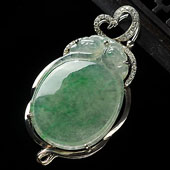 冰种飘翠缅甸翡翠A货镶银二龙戏珠胸坠（水钻）