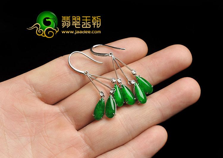玻璃种阳绿满绿缅甸翡翠A货镶白金耳坠（真钻）