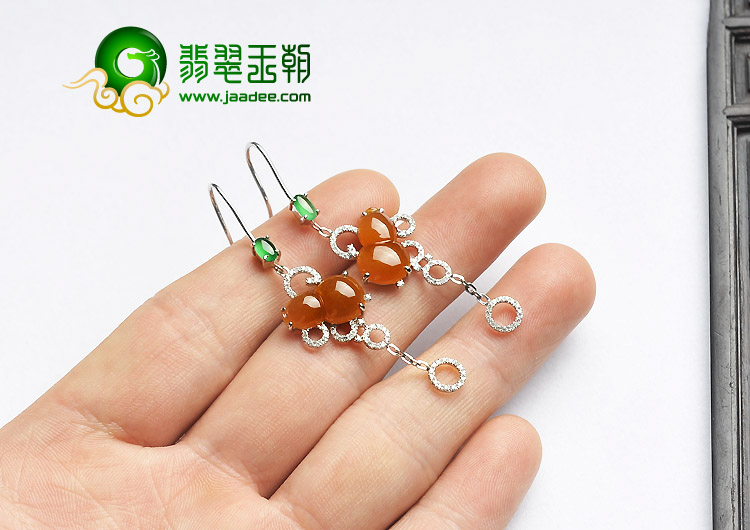 冰种（玻璃种）黄翡（蓝绿）缅甸翡翠A货镶白金葫芦耳坠（真钻）