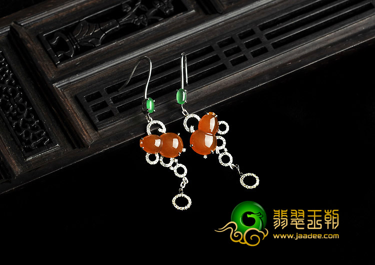 冰种（玻璃种）黄翡（蓝绿）缅甸翡翠A货镶白金葫芦耳坠（真钻）