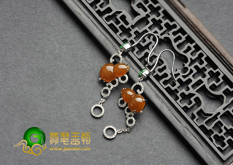 冰种（玻璃种）黄翡（蓝绿）缅甸翡翠A货镶白金葫芦耳坠（真钻）