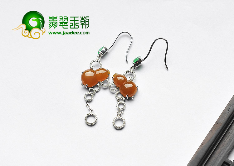 冰种（玻璃种）黄翡（蓝绿）缅甸翡翠A货镶白金葫芦耳坠（真钻）