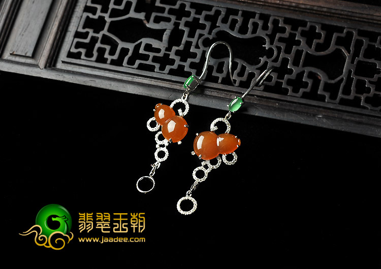 冰种（玻璃种）黄翡（蓝绿）缅甸翡翠A货镶白金葫芦耳坠（真钻）