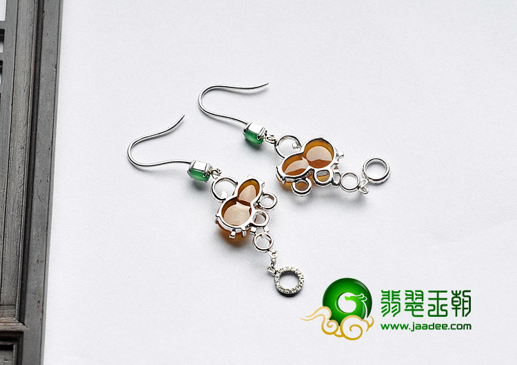 冰种（玻璃种）黄翡（蓝绿）缅甸翡翠A货镶白金葫芦耳坠（真钻）