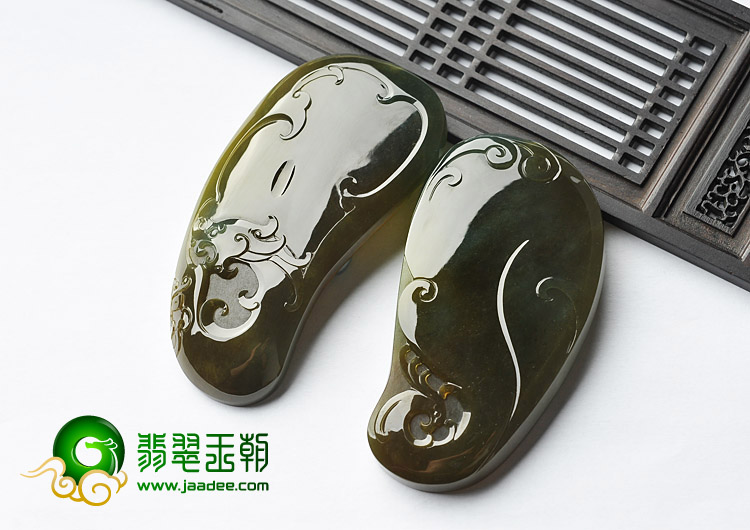 冰种晴水褐翡缅甸翡翠A货龙凤观音挂件（一对）
