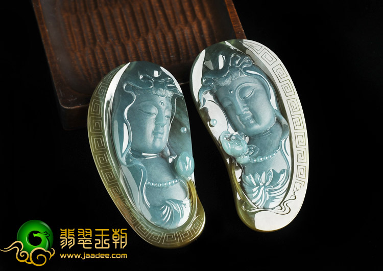 冰种晴水褐翡缅甸翡翠A货龙凤观音挂件（一对）