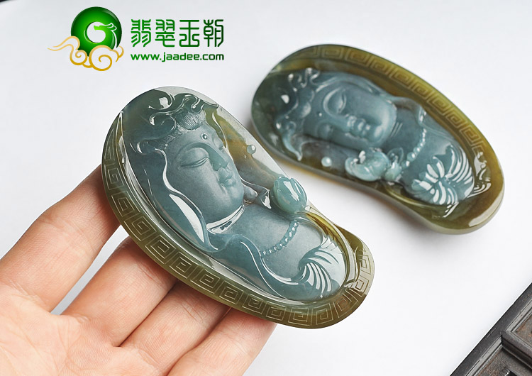 冰种晴水褐翡缅甸翡翠A货龙凤观音挂件（一对）