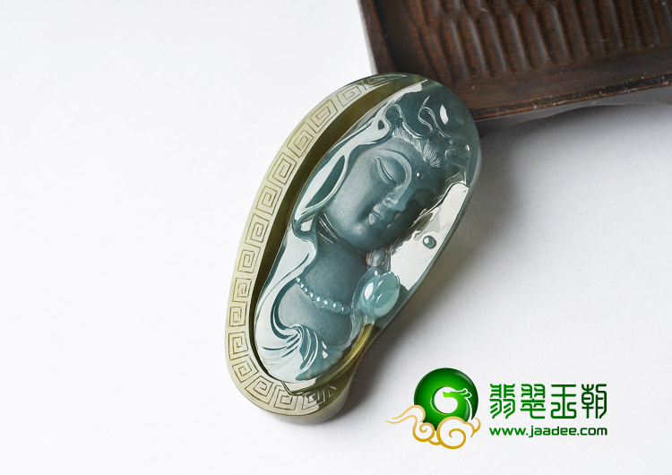 冰种晴水褐翡缅甸翡翠A货龙凤观音挂件（一对）