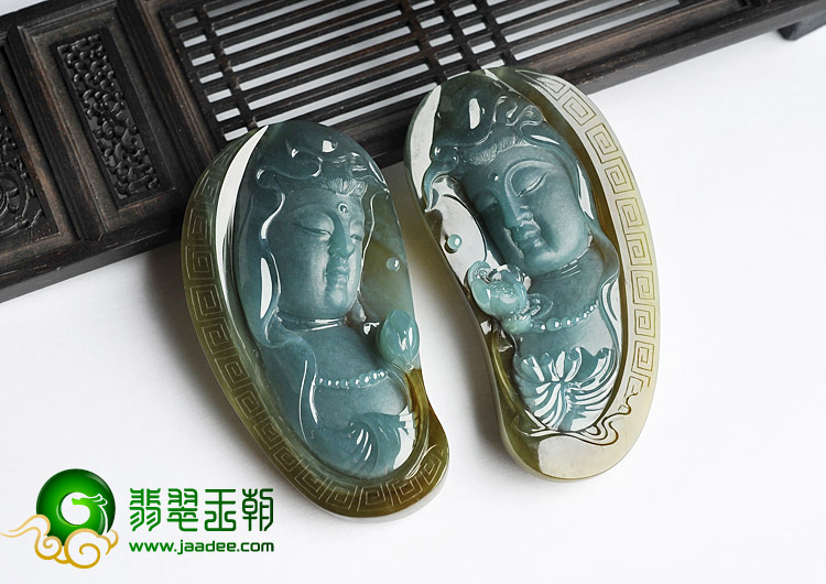 冰种晴水褐翡缅甸翡翠A货龙凤观音挂件（一对）