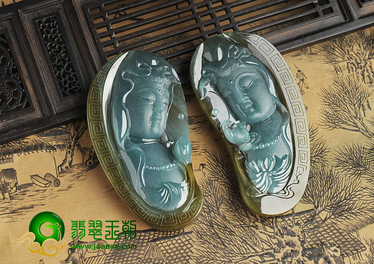 冰种晴水褐翡缅甸翡翠A货龙凤观音挂件（一对）