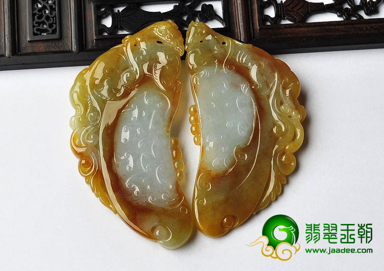冰种褐黄翡缅甸翡翠A货龙凤牌挂件（一对）