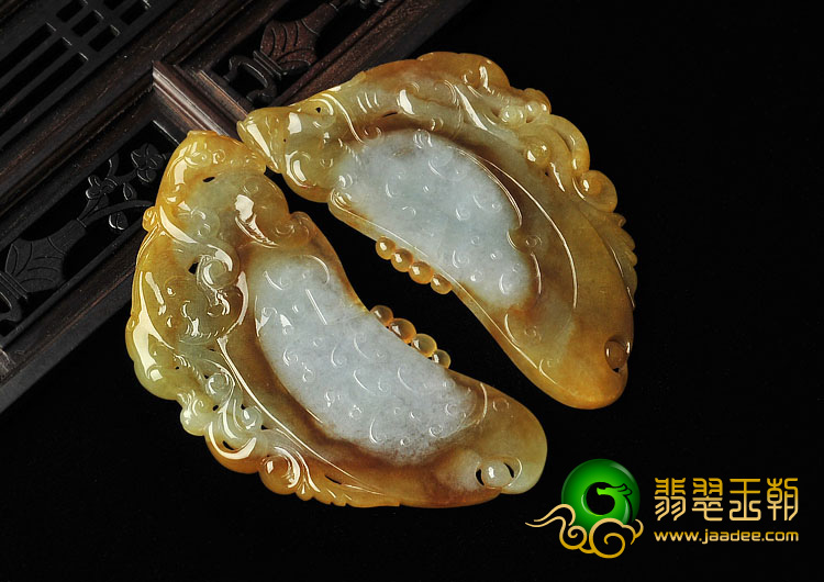 冰种褐黄翡缅甸翡翠A货龙凤牌挂件（一对）