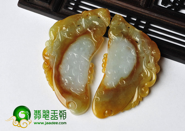 冰种褐黄翡缅甸翡翠A货龙凤牌挂件（一对）
