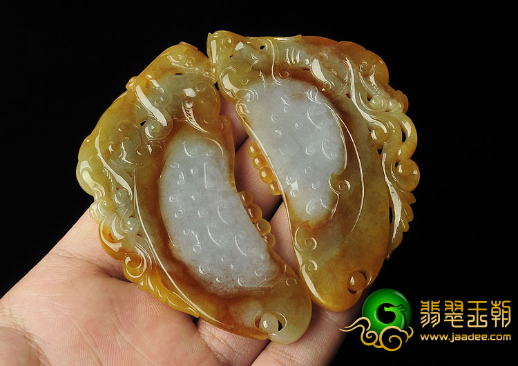 冰种褐黄翡缅甸翡翠A货龙凤牌挂件（一对）