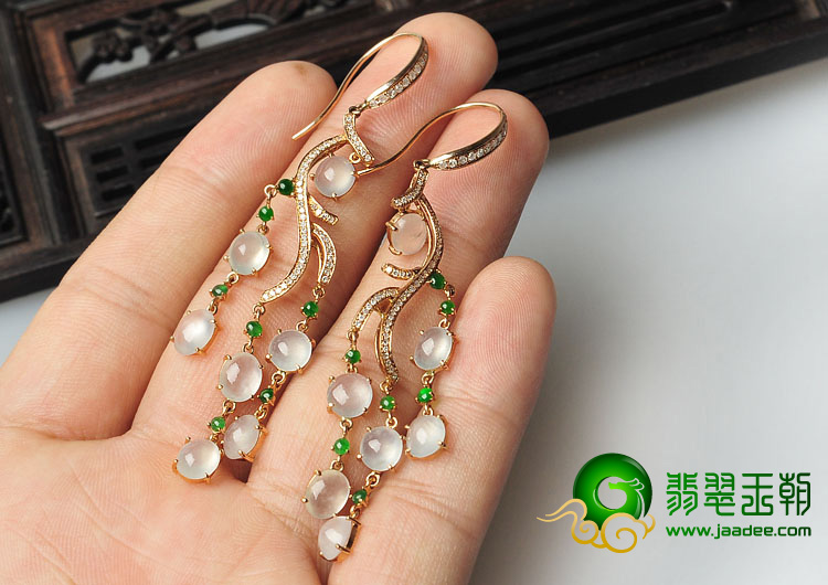 冰玻种无色（阳绿）缅甸翡翠A货镶玫瑰金耳坠（真钻）