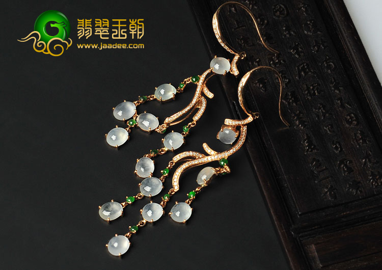 冰玻种无色（阳绿）缅甸翡翠A货镶玫瑰金耳坠（真钻）