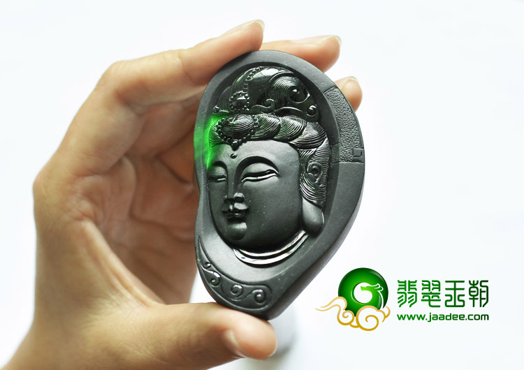 冰玻种墨翠缅甸翡翠A货观音头挂件
