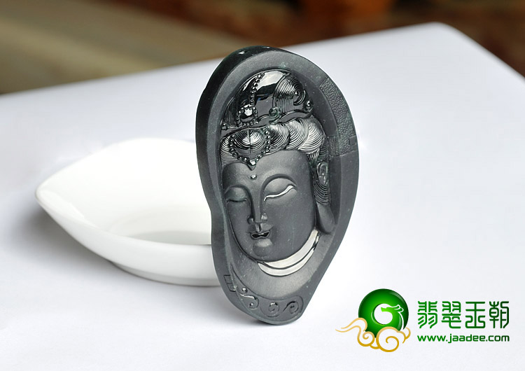 冰玻种墨翠缅甸翡翠A货观音头挂件
