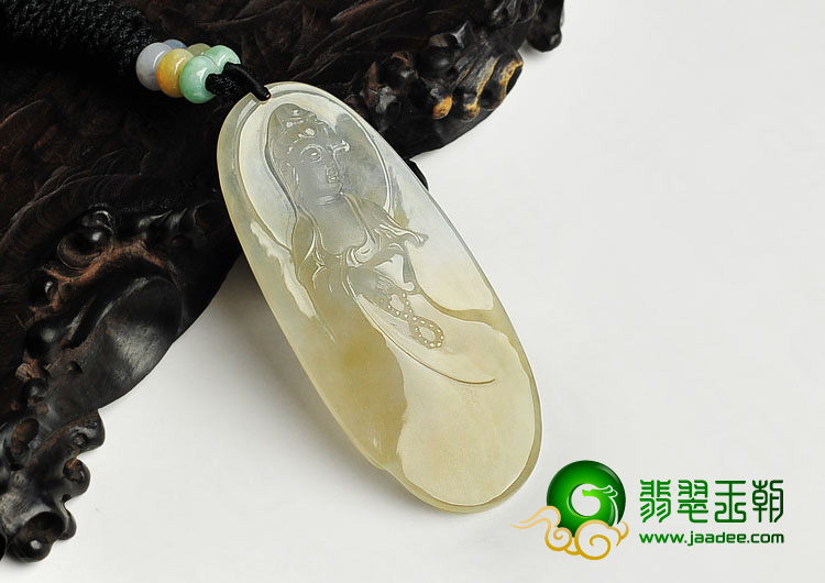 冰种淡黄翡缅甸翡翠A货站观音挂件