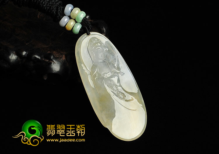 冰种淡黄翡缅甸翡翠A货站观音挂件